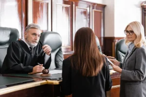 Judge discussing case with a public defender and a prosecutor in court