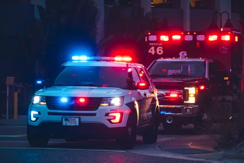 American Police Car and Emergency Truck with Blue and Red